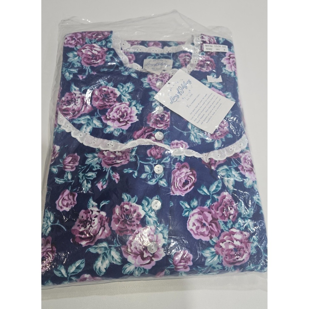 Lanz of Salzburg Flannel Nightgown Womens Medium Navy Nantucket Rose Cotton NWT